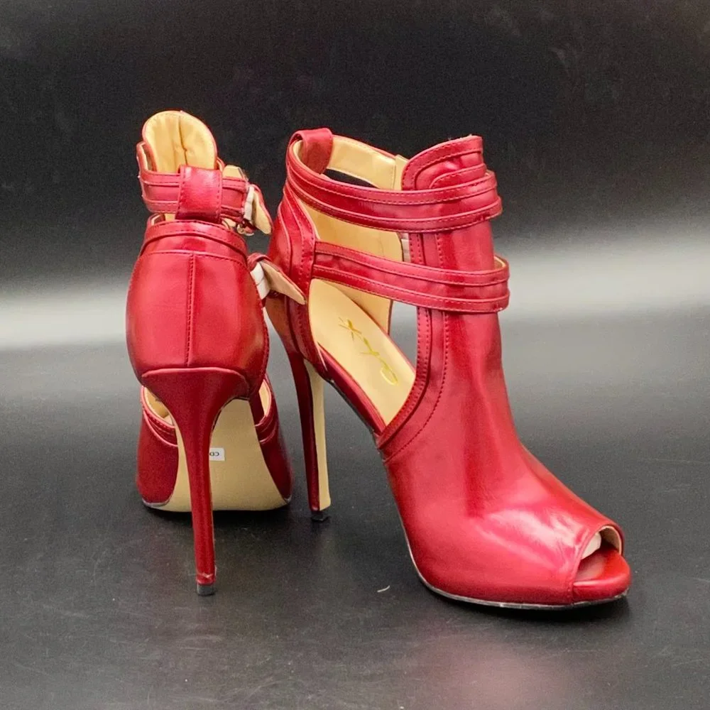 XYD Red Peep Toe High Heels Buckled Double Straps Cutout Ankle Bootie Party Shoe